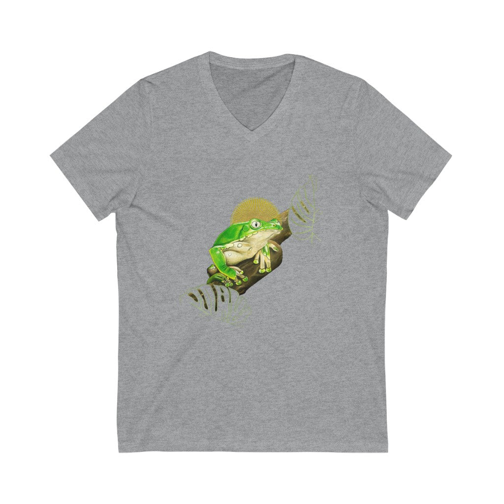 Kambo frog on branch - Unisex Jersey Short Sleeve V-Neck Tee