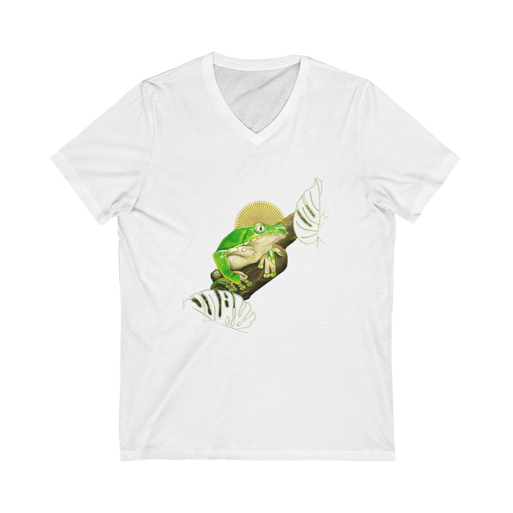 Kambo frog on branch - Unisex Jersey Short Sleeve V-Neck Tee