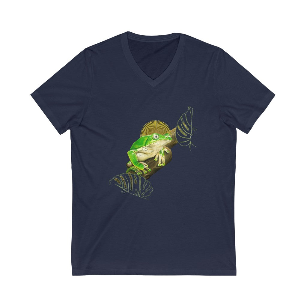 Kambo frog on branch - Unisex Jersey Short Sleeve V-Neck Tee
