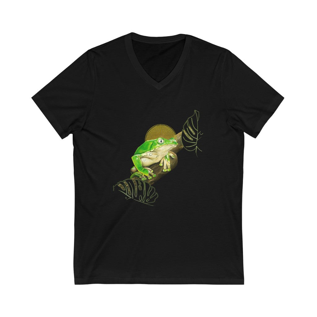 Kambo frog on branch - Unisex Jersey Short Sleeve V-Neck Tee