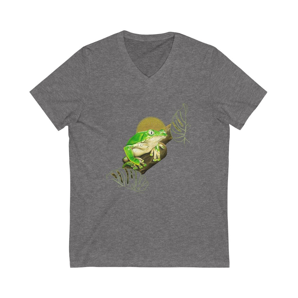 Kambo frog on branch - Unisex Jersey Short Sleeve V-Neck Tee