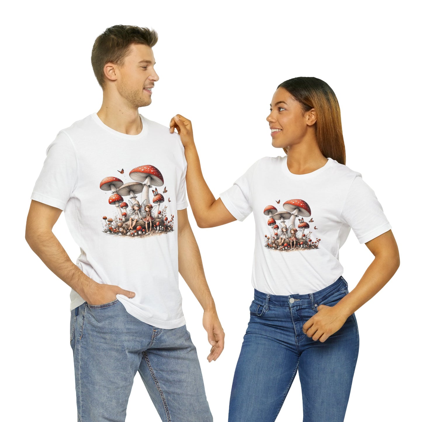 Mushroom loving faeries! Round neck Unisex Jersey Short Sleeve Tee